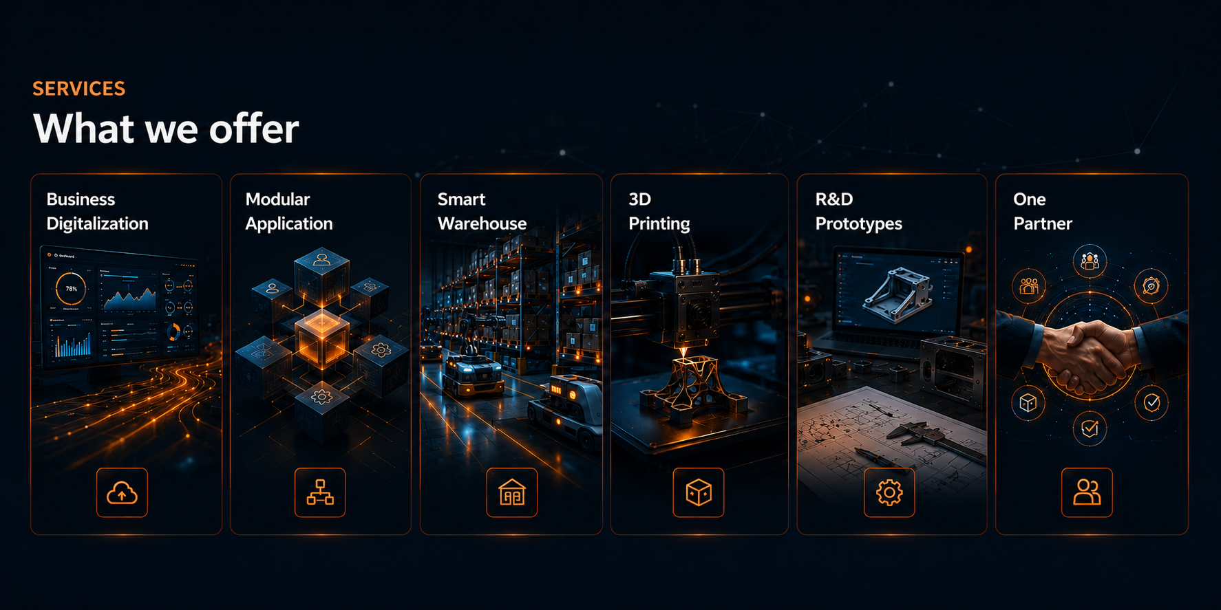 Services — business digitalization, modular application, smart warehouse, 3D printing, R&D prototypes, and one partner
